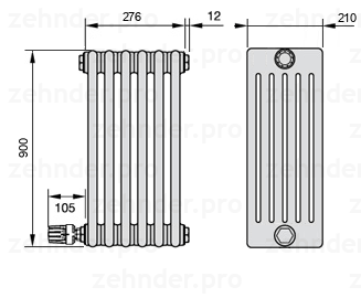 Схема (чертеж) Радиатор Zehnder Charleston 6090/6 №V003 Белый глянцевый RAL 9016